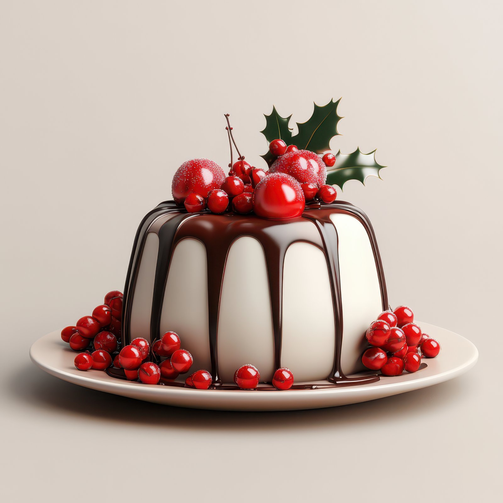 A festive cake decorated with red berries and holly, ready to be enjoyed during the holiday season